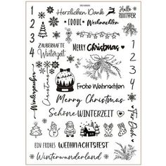 a christmas stamp set with words and snowflakes on the front, in black ink