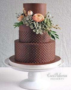 a three layer chocolate cake with succulents and flowers