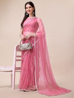 Pink & silver-toned sareeEmbroidered saree with embroidered borderThe saree comes with an unstitched blouse pieceThe blouse worn by the model might be for modelling purpose only. Check the image of the blouse piece to understand how the actual blouse piece looks like. Bollywood Style Pre-draped Saree For Eid With Unstitched Blouse, Sheer Dupatta Blouse Piece For Eid, Festive Chinon Blouse Piece With Self Design, Designer Saree With Unstitched Blouse For Diwali, Semi-stitched Self Design Saree For Reception, Semi-stitched Pre-draped Saree With Unstitched Blouse, Bollywood Saree With Unstitched Blouse For Eid, Semi-stitched Pre-draped Saree For Eid, Bollywood Style Saree With Sheer Dupatta