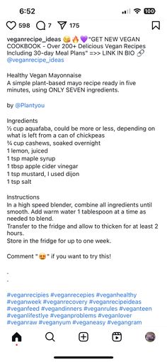 Vegan Mayonnaise, Vegan Cookbook, Delicious Vegan Recipes, Apple Cider Vinegar, Mayonnaise, Warm Water, Meal Planning, Plant Based, Vegan Recipes