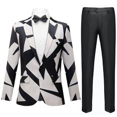 Boost your style with this black and white geometric patterned two-piece suit for guys. This striking suit is ideal for people who want to make a fashion statement while still standing out. Long Sleeve Suits For Spring Party, Spring Party Suit With Long Sleeves, Long Sleeve Party Suit For Spring, Black And White Outfit Formal, Fitted Suit For Night Out In Spring, Black Slim Fit Suits For Party, Tailored Spring Party Tuxedo, Black Spring Wedding Suit, Fitted Tuxedo Blazer For Party Season