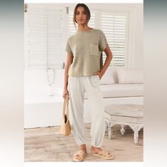 Anrabess Women's Two Piece Sweater Set Knit Pullover Top And High Waisted Pant Lounge Sets Size M Color - Khaki White True To Size Product Details From Amazon: Perfect Fit - Xs=Us(0-2), S=Us(4-6), M=Us(8-10), L=Us(12-14), Xl=Us(16-18),Xxl=Us(20-22). Our Two Piece Outfits Are Available In Various Sizes Ranging From Xs To Xxl, Ensuring A Perfect Fit For Everyone. Refer To Our Rich Description For More Details. Fashionable Style - Flaunt Your Fashion Statement With This Stylish Two Piece Outfit, Featuring A Cap Shoulder Knit Crop Top And High Waist Taper Knit Pants For A Trendy And Chic Look. Comfortable Fabric - Made With A Super-Soft Knit Fabric, Our Two Piece Outfit Is The Perfect Cho Textured Knit Top For Loungewear, Beige Knit Top For Loungewear, Casual Cream Knit Top For Day Out, Chic Tops With Pockets For Loungewear, Chic Loungewear Tops With Pockets, Casual Neutral Knit Top, Casual Neutral Tops For Loungewear, Non-stretch Solid Color Tops For Loungewear, Casual Knit Bottoms With Pockets