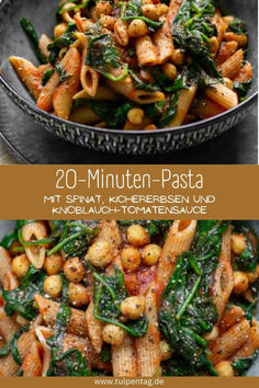 pasta with spinach and chickpeas in a bowl