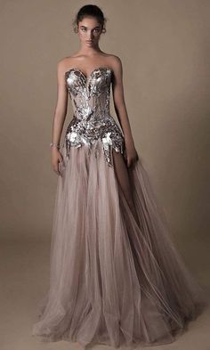 Tarik Ediz - 96039 Strapless Sequin Embroidered Tulle Gown – Couture Candy Tarik Ediz Dresses, Silver Evening Dress, Tarik Ediz, Fantasy Dresses, Fantasy Gowns, Evening Dress Fashion, Tulle Gown, Fantasy Dress, Gala Dresses