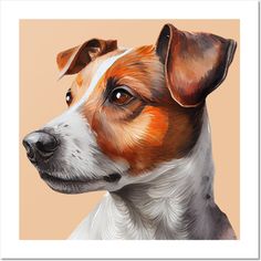 a painting of a dog with brown, white and orange spots on it's face