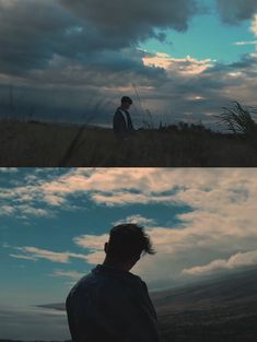 two pictures of a man standing on top of a grass covered field