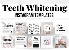 Instagram Templates made for you - to save you HOURS of time and FULLY editable to suit your needs! This black and white instagram templates theme are for small businesses who are after a clean, minimalistic look on their social media that fits with teeth whitening. Making your social media professional and aesthetic draws clients in and holds their interest!  Reach out to your audience with a mixture of engaging posts, educational posts, interactive posts and more.  These instagram story templa Teeth Whitening Business, Engaging Posts, White Instagram, Whitening Strips, Whitening Teeth, Business Branding Inspiration, Black And White Instagram, Teeth Whitening Gel, Perfect Teeth