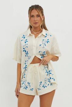 Shop the Ciao Ciao Embroidered Drawstring Shorts Beige | Selfie Leslie Casual Vacation Bottoms With Floral Embroidery, Casual Floral Embroidery Bottoms For Vacation, Casual Embroidered Shorts With Relaxed Fit, Casual Floral Embroidered Bottoms For Vacation, Beige Drawstring Shorts For Day Out, Casual Embroidered Relaxed Fit Shorts, Casual Floral Embroidered Bottoms For Loungewear, Casual Floral Embroidery Loungewear Bottoms, Casual Floral Embroidered Loungewear Bottoms