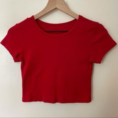 Basic Red Crop Top From Brandy Melville. Never Used Still In Good Condition! Send Me An Offer If Interested! Red Fitted Crop Top With Short Sleeves, Fitted Red Crop Top With Short Sleeves, Red Fitted Crew Neck Crop Top, Basic Red Crew Neck Crop Top, Red Plain Tops For Summer, Basic Red Cotton Crop Top, Tops Brandy Melville, Red Crop Top, Back To School Shopping