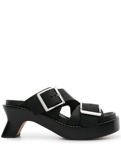 black calf leather smooth grain two buckle-strap fastenings logo-engraved buckle slip-on style square open toe 70mm sculpted heel leather sole Chanel 2, Leather Sandals Women, Boots And Sneakers, Flat Boots, Ballet Flat Shoes, Pump Sandals, Lady Dior, Sandals Summer, Mules Shoes