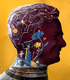 a painting of a man's head with various things in the brain on it