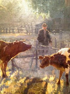 an oil painting of two cows and a man