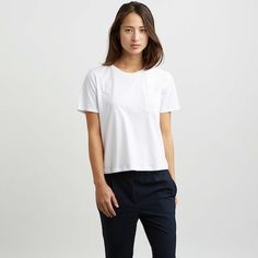 The Box Cut Tee - White – Everlane Cut Tee Shirts, Cut Tees, Street Style Inspiration, Fashion Images, Hey Girl, Comfortable Dress, Pocket Tee, Basic Tees, The Box