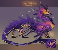 a purple and yellow dragon sitting on top of a gray floor next to another creature