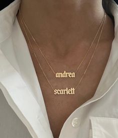 This handmade necklace features the name or word of your choice in a lowercase modern gothic font. 14K Yellow, White or Rose Gold Letter measurement: 6mm - 10mm (varies per letter) Length: Based on number of letters - up to 10 allowed Lowercase letters only FINAL SALE Classic Formal Name Necklace With Initials, Elegant Nameplate Initial Necklace, Sterling Silver Nameplate Initial Necklace, Formal Personalized Initial Pendant Name Necklace, Formal Initials Nameplate Necklace, Formal Nameplate Initials Necklace, Luxury Personalized Initial Pendant Name Necklace, Formal 14k Gold Initials Name Necklace, Formal 14k Gold Name Necklace With Initials