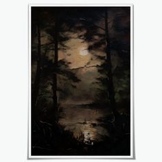 a painting of trees and water with the moon in the background