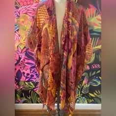 Gorgeous Piece With Beautiful Fall Colors. Nwt Never Worn! Long Red Beach Outerwear, Lightweight Long Red Outerwear For Beach, Red Summer Beach Outerwear, Red Bohemian Outerwear For Beach, Red Bohemian Outerwear For Vacation, Bohemian Red Outerwear For Vacation, Red Beach Kimono For Fall, Red Fall Outerwear For Vacation, Red Outerwear For Fall Vacation