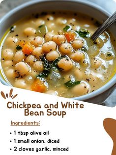 chicken and white bean soup in a bowl with a spoon on the side, labeled ingredients