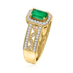 Ross-Simons - .40ct Emerald, .22ct t. w. Diamond Ring in 14kt Yellow Gold. Size 8. An RS exclusive. An elegant emerald meets dazzling diamonds in this 14kt yellow gold statement ring. With a .40 carat emerald front-and-center and .22 ct. t. w. diamonds all around, you'll win the night when wearing this one. 3/8" wide. Diamond and emerald ring. Emerald birthstones are the perfect gift for May birthdays. Gold Emerald Cut Ring With Pave Setting, Emerald Ring With Pave Setting For May Birthstone Anniversary, Formal Emerald Cut Emerald Ring With Pave Setting, Classic Emerald Ring With Pave Setting For Anniversary, Yellow Gold Emerald Ring With Pave Setting, Baguette Cut Diamond Ring With May Birthstone, Emerald Cut Diamond Ring With Pave Setting, Classic Diamond Ring With May Birthstone Accents, Yellow Gold Emerald Ring With Diamond Accents, Baguette Cut