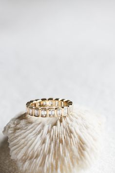 an image of a wedding ring on top of a piece of white sea urchin