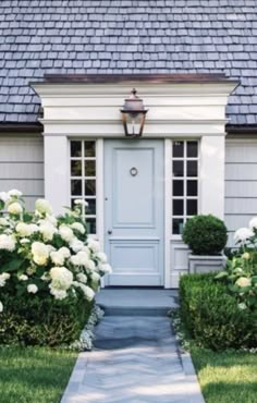 the front door of a house with white hydrangeas and bushes in front of it