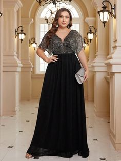 Black  Collar Short Sleeve Sequins Colorblock A Line Embellished Slight Stretch  Weddings & Events Plus Size Dresses To Wear To A Wedding, Plus Size Black Tie Event Dresses, Black Tie Optional Wedding Guest Dress, Plus Size Fancy Dresses, Dress For Chubby Ladies, Sequin Black Dress, Black Tie Optional Wedding, Dress For Chubby, Black Tie Event Dresses