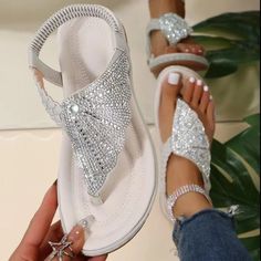 Olivia Mark - Chic Flat Sandals with Fan-Shaped Upper and Water Diamond Embellishments Womens Comfortable Sandals, Chic Flats, White Fashion Casual, Embellished Flats, Rhinestone Flats, Woven Sandals, Womens Sandals Summer, Rhinestone Shoes, Womens Sandals Flat