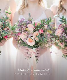 the bridesmaids are holding their bouquets together