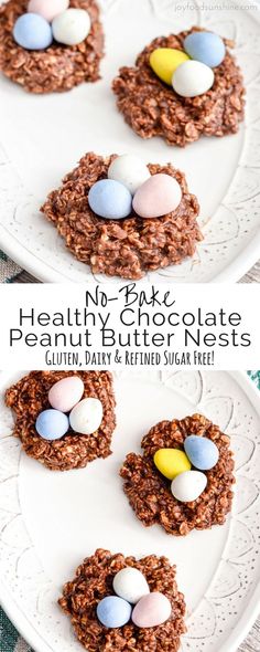 no bake healthy chocolate peanut butter nests on a white plate with candy eggs