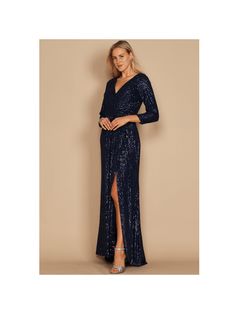 Navy Elegante,Sencillo Collar manga larga Lentejuelas Estampado Integral Ajustado Embellished Long Sleeve Sequin, Women Long Dresses, The Train, Beaded Dress, Wedding Guest, All Fashion, Sleeve Dress, Sleeve Styles, Long Dress