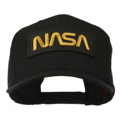 NASA Patched High Profile CapMade of 35% cotton and 65% polyester.One size fits most with an adjustable plastic snap closure, fitting up to 7 1/2.Same material inner hatband.Adult/Unisex.Crown measures 3 1/2 inches deep.Bill measures 2 3/4 inches long.Hand wash only.Imported. Embroidered logo patch of black NASA is attached on the front crown of cap.6 small ventilation holes placed on each panel of crown.Front crown is constructed.Bill is stiff and pre curved.6 panels.High profile.Our NASA pa... Nasa Patch, Black Caps, Military Cap, Men's Baseball Cap, Cap Fashion, Black Cap