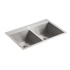 double bowl stainless steel kitchen sink with two faucets in the center and three drain holes