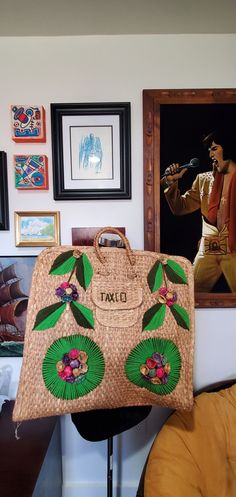 Large handwoven straw vintage Mexican bag with handles and pocket. Carry all you need in this beautiful handmade bag! Purchased in Taxco, Mexico in the late 1960s. Floral design and hand-sewn details. A sturdy, timeless classic from south of the border! Mexican Bag, Brass Belt Buckles, South Of The Border, Lulu Guinness, Late 1960s, Top Handle Bags, Vintage Horse, Vintage Mexican, Handmade Bag