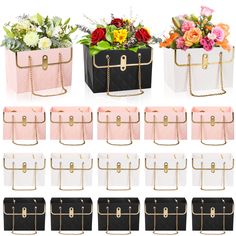 many different types of purses with flowers in the top and bottom one is pink