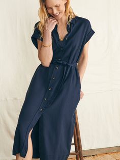 Arlie Shirtdress - Navy Blazer Casual Collared Rayon Dress, Casual Midi Dress With Roll-up Sleeves, Casual Midi-length Rayon Shirt Dress, Casual Midi-length Shirt Dress With Roll-up Sleeves, Casual Midi-length Shirt Dress With Placket, Casual Button Front Midi Shirt Dress, Casual Midi Length Shirt Dress With Placket, Casual Midi Length Shirt Dress With Roll-up Sleeves, Casual Midi Shirt Dress With Roll-up Sleeves