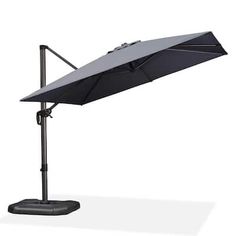 an umbrella is shown on a stand with the top open and bottom closed to show it's black frame