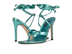 Nine West Terrie 3 - Women's Shoes : Metallic Turquoise : Look super-stunning and gorgeous wearing the Nine West Terrie 3 Heels. Faux leather upper. Man-made lining. Ankle lace-up tie back closure. Skinny crisscross strap detailing. Imported. Man-made outsole. Measurements: Heel height: 4.02 in. Weight of footwear is based on a single item, not a pair. Turquoise Satin Shoes, Aqua Heels, Ribbon Heels, Turquoise Heels, Turquoise Shoes, Turquoise Sandals, Teal Heels, Teal Shoes, Blue Heels