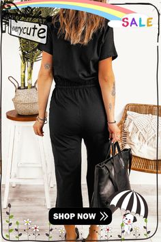 Black V Neck Short Sleeve Jumpsuit Casual V-neck Jumpsuits And Rompers For Work, Black Solid Color Jumpsuit For Loungewear, Black Solid Color Jumpsuits And Rompers For Loungewear, Black Loungewear Jumpsuits And Rompers, Black V-neck Jumpsuit With Pockets, Black V-neck Jumpsuits And Rompers With Pockets, Black Short Sleeve Jumpsuits And Rompers For Spring, Black V-neck Jumpsuits And Rompers For Spring, Black Jumpsuits And Rompers For Work