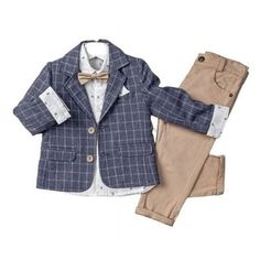 Our Little Boys' 3-Piece Suit Set includes Toddler Boy's Jacket, Long Sleeve Button-Up Dress Shirt, and Pants in easy to care for durable Cotton and Polyester. Suit Jacket: Features full lining in the chest, back and arms. Choose Blue or Beige in a windowpane pattern, classy notched lapel design single-breasted suit. Wood-like buttons color coordinate with each suit. Pocket square matches shirt. Lightly padded shoulders add the finishing touch on these handsome boys' suits. 65% Polyester, 35% Vi Classic Fall Sets With Pockets, Classic Sets With Pockets For Winter, Classic Winter Sets With Pockets, Fall Long Sleeve Sets With Button Closure, Classic Single Breasted Sets For Fall, Classic Long Sleeve Winter Sets, Classic Long Sleeve Sets For Fall, Classic Fall Sets With Buttons, Suit Pocket Square