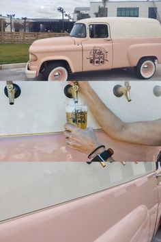 a pink truck parked next to a man holding a beer in it's hand