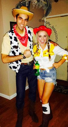 a man and woman dressed up as woody and daisy from the movie toy story book