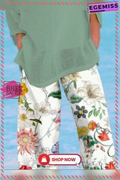 Vacation Loosen Casual Pants Casual Green Wide Leg Pants For Spring, Baggy Straight Pants For Vacation, Casual Baggy Floral Print Pants, Spring Wide Leg Beach Capris, Spring Beach Wide Leg Capris, Spring Baggy Pants, Casual Floral Print Wide Leg Pants, Spring Beach Capris With Wide Leg, Spring Beach Capris Wide Leg