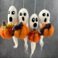 Needle Felted Halloween Ghost and Pumpkin Ornament Halloween Ornaments Tiny Ghosts Tiny Pumpkins Marsha Neal Studio Handmade Gift Idea - Etsy Needle Felted Fall Decor, Cute Felted Things, Needle Felted Halloween Ghosts, Needle Felted Ghost, Needle Felt Halloween, Needle Felting Halloween, Needle Felted Halloween, Felted Halloween, Felt Ghost