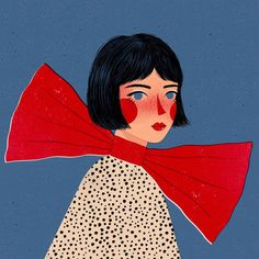 an illustration of a woman with a red bow on her head and polka dot dress