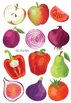 an illustration of different fruits and vegetables with the words on each one's side