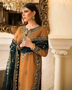 Naimal Khawar, Reception Bridal Dress, Chiffon Collection, Eid Collection, Embroidered Neckline, Shooting Star, Green Silk, Bridal Dress