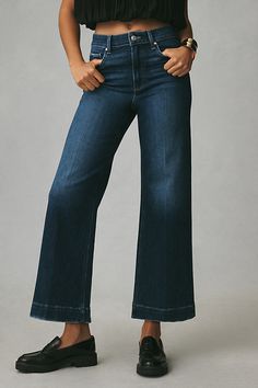 93% cotton, 5% polyester, 2% elastane Five-pocket styling Front zip Machine wash Imported | The Anessa High-Rise Crop Wide-Leg Jeans by PAIGE in Blue, Women's, Size: 30, Polyester/Cotton/Elastane at Anthropologie Slim Wide Leg Jeans, High Waisted Jeans Outfit, Black Wide Leg Jeans, New Jeans Style, Cropped Wide Leg Jeans, Jean Top, Style Ideas, Wide Leg Jeans, Jean Outfits