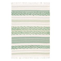 a green and white striped rug with fringes