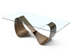 a glass and metal coffee table with an interesting design on the top, in front of a white background