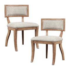 two wooden chairs with beige upholstered fabric seat cushions and backrests, side view